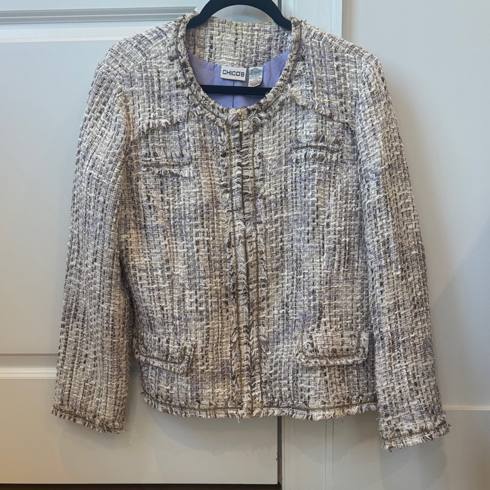 Chico's Women's Textured Tweed Blazer - Cream and Gray